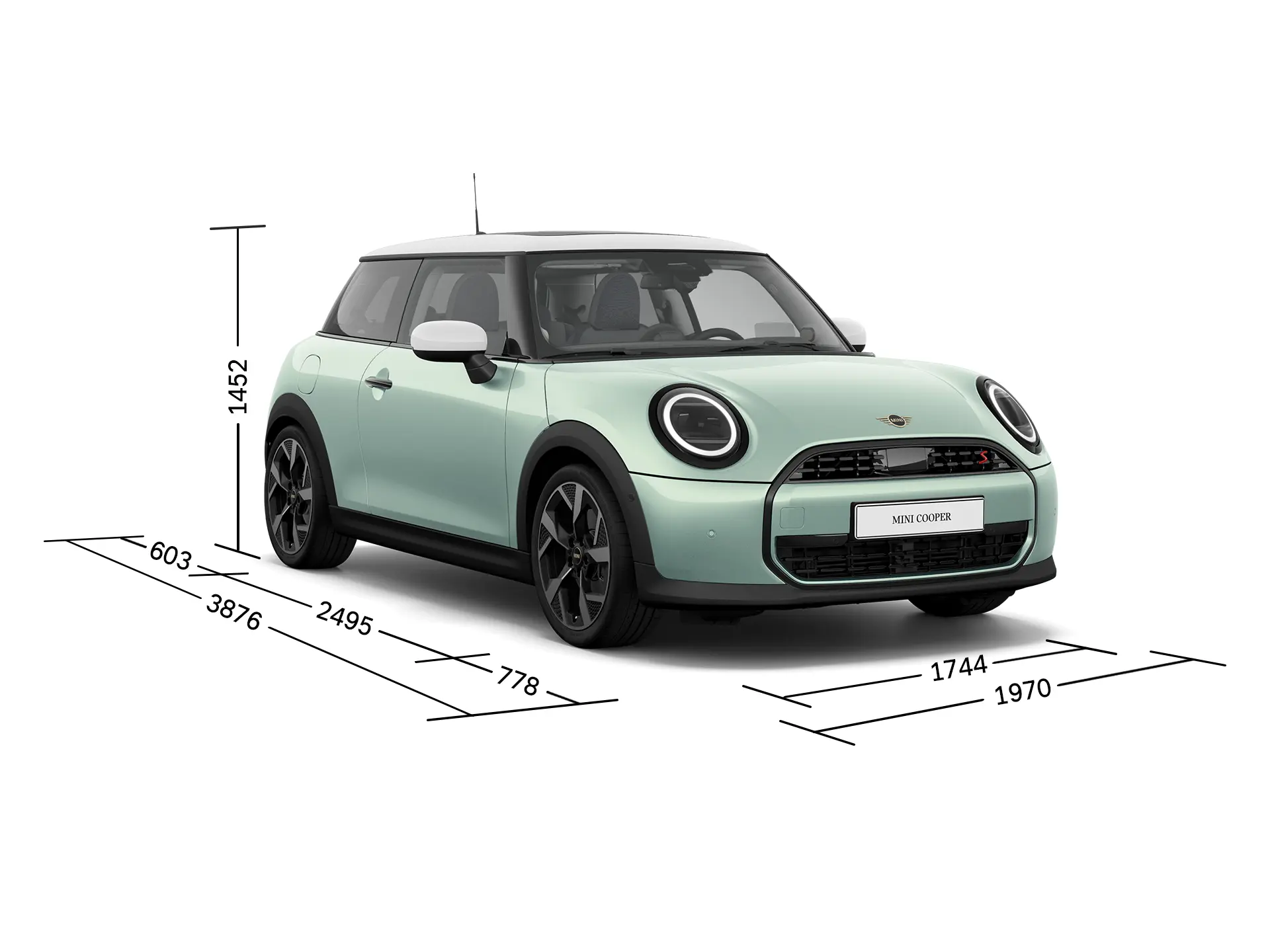 MINI Cooper 3-Door - Front View with Dimensions