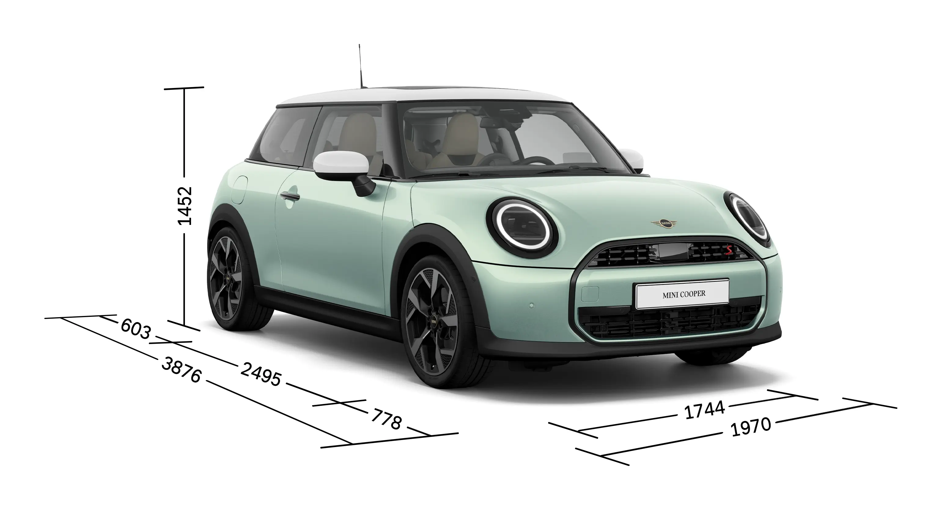 MINI Cooper 3-Door - Front View with Dimensions