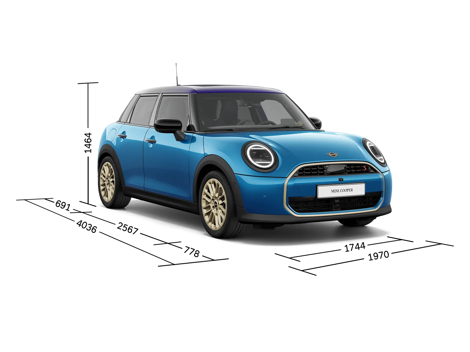 MINI Cooper 5-door - Front View with Dimensions
