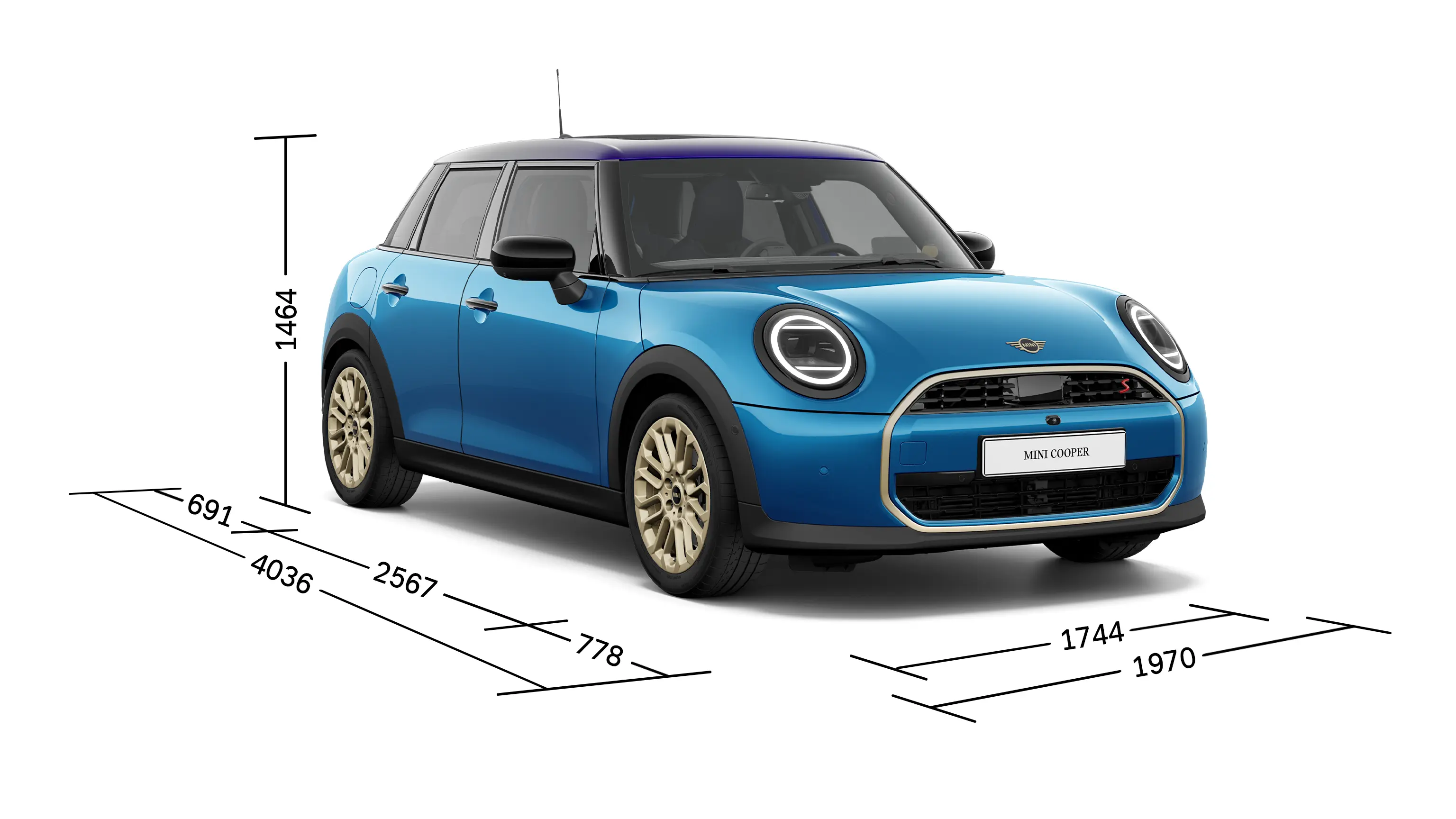 MINI Cooper 5-door - Front View with Dimensions